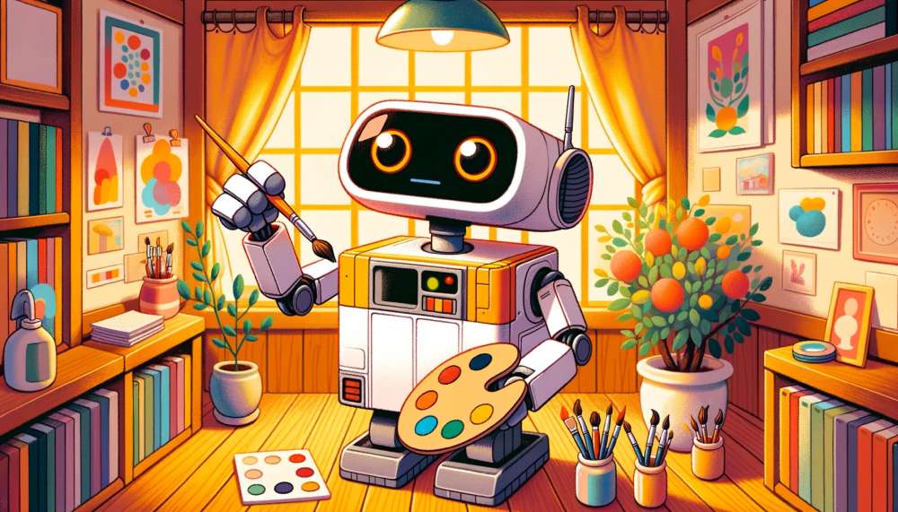 Illustration: DALL-E 3, depicted as a robot, using a paintbrush and palette in a cozy, well-lit art studio. The style should be clean, colorful, and inviting, focusing on characterful expression and a warm, friendly ambiance.